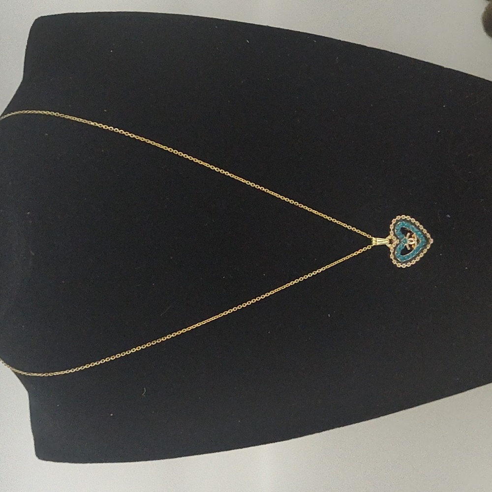 Authentic Chanel Gold and Blue Heart Pendant Necklace 925 Sterling 18k Plated - Picture 3 of 4